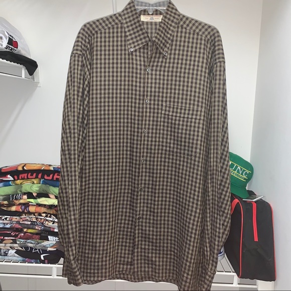 Luciano Barbera Italian Linen Button Down Tan Black Brown Long Sleeve Shirt XL - Picture 2 of 6